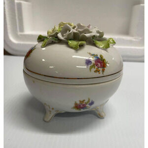 vtg Porcelain ceramic Floral Footed Trinket Powder Dish Lid Germany sIco Ornate